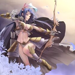  armor armored_dress armpits arrow_(projectile) bikini_armor blue_hair bow_(weapon) breasts cape cleavage commentary_request crescent crescent_facial_mark facial_mark feather_hair_ornament feathers female flower forehead_mark forehead_tattoo gloves greaves groin hair_ornament high_collar highres large_breasts leaf looking_away low_twintails navel original parted_lips pink_eyes quiver revealing_clothes ryuki@maguro-ex smile solo twintails weapon white_gloves 