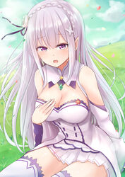  bad_id bad_pixiv_id bare_shoulders blue_sky blush braid breasts cleavage cloud commentary_request crown_braid crying crying_with_eyes_open day detached_sleeves dress emilia_(re:zero) female flower gem grass hair_flower hair_ornament hair_ribbon large_breasts light_purple_hair long_hair looking_at_viewer miniskirt neneru open_mouth outdoors petals pleated_skirt pointy_ears purple_eyes purple_ribbon re:zero_kara_hajimeru_isekai_seikatsu ribbon rose skirt sky solo tears thighhighs white_dress white_flower white_rose white_thighhighs x_hair_ornament 