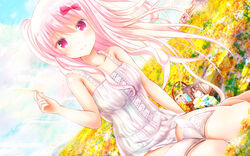  arm_up barefoot basket book bow cloud commentary_request dress feathers female field flower flower_field girlfriend_(kari) hairbow highres holding kagami_matsuri long_hair masa_(mirage77) outdoors pink_eyes pink_hair ribbon short_dress side_ponytail sitting sky smile solo sundress white_dress 