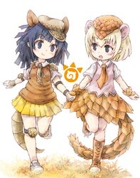  2girls :o armadillo_ears armadillo_tail armor black_eyes blonde_hair blue_eyes blue_hair blush boots cabbie_hat collared_shirt commentary elbow_pads extra_ears full_body giant_armadillo_(kemono_friends) giant_pangolin_(kemono_friends) hat highres holding_hands japari_symbol kemono_friends knee_pads kolshica long_hair looking_at_another multiple_girls necktie pangolin_ears pangolin_tail pleated_skirt scales shirt shoes short_hair short_sleeves skirt smile sneakers vest wrist_cuffs 