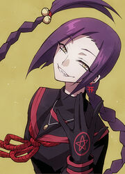  bell black_gloves braid chikujouin_magane commentary_request earrings female gloves hair_bell hair_ornament jewelry long_hair looking_at_viewer mekariruwii purple_hair re:creators school_uniform serafuku sharp_teeth simple_background single_braid smile solo teeth torii_earrings 