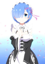  apron black_bow blue_eyes blue_hair blush bob_cut bow breasts cleavage collar commentary_request cowboy_shot detached_collar detached_sleeves female frilled_apron frilled_shirt_collar frilled_sleeves frills gradient_background hair_ornament hair_over_one_eye hair_ribbon hand_on_own_chest highres maid maid_headdress medium_breasts miracle_(miracle1980) neck_ribbon petals photoshop_(medium) re:zero_kara_hajimeru_isekai_seikatsu rem_(re:zero) ribbon roswaal_mansion_maid_uniform short_hair smile solo standing waist_apron white_bow wide_sleeves x_hair_ornament 