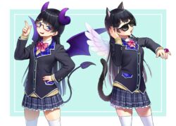  :d animal_ears black_hair blue_eyes blush bow bowtie braid breasts cat_ears cat_tail commentary demon_horns demon_tail demon_wings female glasses hair_ornament hairclip hand_on_own_hip highres horns jewelry kath looking_at_viewer multiple_views nijisanji open_mouth pleated_skirt ring school_uniform skirt sleeves_past_wrists smile sunglasses tail thighhighs tsukino_mito tsukino_mito_(1st_costume) virtual_youtuber white_legwear wings 