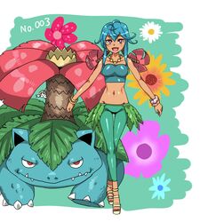  bare_shoulders blue_hair breasts commentary_request creature_and_personification crop_top female flabebe flower hair_flower hair_ornament kitsune-tsuki_(getter) looking_at_viewer medium_breasts midriff navel open_mouth personification pokedex_number pokemon pokemon_(creature) red_eyes smile tan tank_top venusaur 