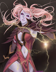  armor artist_name bad_id bad_tumblr_id black_background black_sclera breasts cleavage cleavage_cutout clothing_cutout colored_sclera colored_skin cowboy_shot dark_persona dress electricity female fire_emblem fire_emblem_echoes:_shadows_of_valentia fire_emblem_gaiden floating_hair gloves glowing glowing_eyes head_tilt highres long_hair looking_at_viewer mae_(fire_emblem) magic manekicait medium_breasts navel_cutout parted_lips photoshop_(medium) pink_hair pink_lips purple_skin red_dress shoulder_armor simple_background smile solo thighhighs twintails undead 