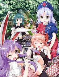  5girls ;o animal_ears antennae aqua_hair backpack bag bicycle bicycle_basket black_hair black_legwear blonde_hair blood blue_hair bow bow_panties cape closed_eyes collared_shirt commentary_request cotton_ball crossover crying d: first_aid forest green_eyes green_hair grey_eyes hair_ribbon hands_on_shoulders hat highres houraisan_kaguya inaba_mob_(touhou) injury kantai_collection kneehighs leg_up light_rays long_hair long_sleeves multiple_girls nature necktie nurse_cap one_eye_closed open_mouth outdoors panties path pink_eyes plant pleated_skirt polka_dot polka_dot_panties purple_eyes purple_hair rabbit rabbit_ears red_ribbon reisen_udongein_inaba rensouhou-chan ribbon road rumia ruu_(tksymkw) school_swimsuit scraped_knee shirt shoe_print shoes short_hair short_sleeves skirt sleeves_past_wrists socks sunbeam sunlight swimsuit tears touhou underwear unworn_backpack unworn_bag unworn_panties unworn_swimsuit vest white_legwear white_panties white_shirt wriggle_nightbug yagokoro_eirin 