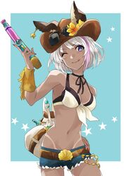  alternate_costume animal_ears backpack bad_id bad_twitter_id bag bikini bikini_top_only chloe_(granblue_fantasy) colorized dark-skinned_female dark_skin denim denim_shorts earrings ears_through_headwear erune female fingernails flower front-tie_top goggles granblue_fantasy hat hat_flower highres jewelry long_fingernails lowleg multicolored_hair one_eye_closed purple_eyes purple_hair short_hair shorts simple_background solo star_(symbol) swimsuit tan tanlines tongue tongue_out trigger_discipline two-tone_hair water_gun white_hair yakota_(usuk-yako) 