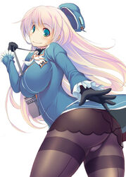  aqua_eyes ass atago_(kancolle) black_pantyhose blonde_hair breasts commentary_request crotch_seam dress female hat huge_breasts impossible_clothes impossible_dress kantai_collection long_hair panties panties_under_pantyhose pantyhose photoshop_(medium) simple_background solo syacyo thighband_pantyhose underwear white_background 