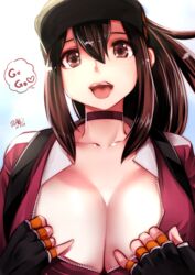  artist_name bad_id bad_twitter_id baseball_cap breasts brown_eyes brown_hair choker cleavage collarbone commentary_request dated female female_protagonist_(pokemon_go) fingerless_gloves gloves hat highres large_breasts lips long_hair looking_at_viewer open_clothes open_mouth open_shirt pokemon pokemon_go ponytail shirt simple_background solo souryu speech_bubble teeth unzipped upper_body 