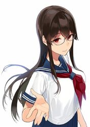  breasts brown_hair closed_mouth commentary female glasses jpeg_artifacts large_breasts light_blush light_smile long_hair mole mole_under_eye neckerchief official_art outstretched_hand red_eyes red_neckerchief sakuramachi_touko sasamori_tomoe school_uniform serafuku sidelocks simple_background solo succubus_stayed_life white_background 