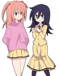  2girls blazer blush commentary_request green_eyes hand_in_pocket hood hoodie jacket kita_senju kuroki_tomoko long_hair long_skirt multiple_girls necktie nemoto_hina pantyhose pink_hoodie skirt smile two_side_up watashi_ga_motenai_no_wa_dou_kangaetemo_omaera_ga_warui! 