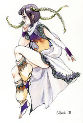  barefoot black_hair braid bridal_gauntlets commentary_request facial_mark female jojo_no_kimyou_na_bouken leg_warmers midriff painting_(medium) photoshop_(medium) purple_haze_feedback rakuko sheila_e short_hair solo toeless_legwear traditional_media twin_braids vento_aureo watercolor_(medium) 