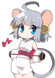  ahoge animal_ears bare_shoulders blue_eyes blush bow closed_mouth commentary_request cowboy_shot female fingernails grey_hair hair_ornament japanese_clothes kimono komane_(oshiro_project) looking_at_viewer mouse_ears obi osaragi_mitama oshiro_project:re red_bow sash simple_background sleeveless sleeveless_kimono smile solo white_background white_kimono 