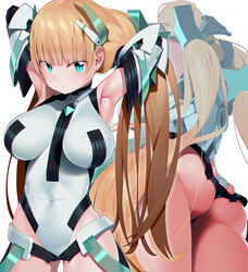  :&lt; absurdres angela_balzac aqua_eyes armpits arms_behind_head arms_up ass ass_visible_through_thighs bad_id bad_pixiv_id blonde_hair breasts covered_navel deva_battle_suit female hair_ornament highleg highleg_leotard highres impossible_clothes impossible_leotard large_breasts leotard long_hair looking_at_viewer miyamae_(miyazen9311) multiple_views raised_eyebrows rakuen_tsuihou simple_background thighs very_long_hair white_background 