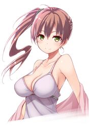  bad_id bad_pixiv_id bare_shoulders breasts cleavage eyebrows female green_eyes large_breasts long_hair looking_at_viewer original red_hair ribucci side_ponytail simple_background smile solo white_background 