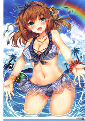  :d absurdres armpits artist_name ass_visible_through_thighs ball bare_shoulders beachball bikini bikini_skirt bird blue_hair blue_sky bracelet breasts brown_hair cleavage cloud cloudy_sky collarbone cowboy_shot day dengeki_moeou eyes_visible_through_hair female flower flower_bracelet food framed_image frilled_bikini frills fruit green_eyes green_ribbons hair_between_eyes hair_flower hair_ornament hair_ribbon half-closed_eyes highres island jewelry large_breasts looking_at_viewer mountain navel necklace oerba_yun_fang official_art open_hands open_mouth original outdoors page_number palm_tree palms pearl_bracelet pearl_hair_ornament pink_lips plaid plaid_bikini plaid_skirt rainbow red_flower ribbon scan seagull seashell_bracelet shell_hair_ornament shiny_skin skindentation skirt sky smile solo splashing standing star_(symbol) star_necklace sunlight suzunone_rena swimsuit themed_object tongue tree two_side_up wading water water_drop watermelon wet yellow_bracelet yellow_flower 