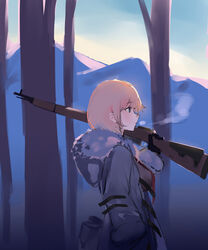  aak bad_id bad_pixiv_id black_gloves blonde_hair blue_eyes blue_sky bolt_action breasts breath coat cold day female fur-trimmed_coat fur-trimmed_hood fur_trim girls&#039;_frontline gloves grey_coat gun hand_in_pocket highres holding holding_gun holding_weapon hood hood_down hooded_coat large_breasts long_sleeves mosin-nagant mosin-nagant_(girls&#039;_frontline) mosin-nagant_(mod3)_(girls&#039;_frontline) mountain name_connection necktie object_namesake outdoors over_shoulder profile red_necktie rifle sky solo tree weapon weapon_over_shoulder 