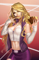  bad_deviantart_id bad_id belt blonde_hair breasts bustier card cleavage detached_sleeves earrings female hoop_earrings jacket jewelry kujaku_mai lips long_hair midriff miniskirt navel noa_ikeda open_clothes open_jacket photoshop_(medium) purple_eyes purple_skirt realistic skirt solo very_long_hair yu-gi-oh! yu-gi-oh!_duel_monsters 