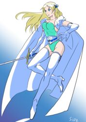  blonde_hair blue_eyes boots breasts cape celes_chere cleavage commentary_request female final_fantasy final_fantasy_vi green_leotard high_heel_boots high_heels highleg highleg_leotard leotard long_hair sio2_(nisankakeiso) solo sword thigh_boots thighhighs weapon 