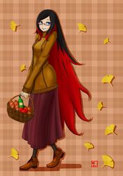  alcohol apples basket black_hair blue_eyes bread crow_(gravity_daze) female food glasses gravity_daze gravity_daze_2 long_hair long_skirt multicolored_hair red_hair shoes skirt smile sweater two-tone_hair very_long_hair wine 