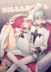  1boy asuda blue_hair boots commentary_request computer conductor_baton couch female glasses grin hat inumuta_houka jakuzure_nonon kill_la_kill laptop pink_hair shako_cap sitting smile tassel uniform 