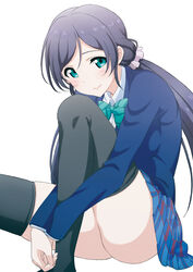  aqua_eyes ass ayumu-k black_thighhighs blazer blue_skirt blush bow bowtie breasts commentary_request female green_bow green_bowtie happy highres jacket knee_up large_breasts legs light long_hair long_sleeves looking_at_viewer love_live! love_live!_school_idol_project otonokizaka_school_uniform pink_scrunchie purple_hair school_uniform scrunchie simple_background sitting skirt smile solo striped_bow striped_bowtie striped_clothes thighhighs tojo_nozomi twintails white_background winter_uniform zettai_ryouiki 