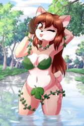  2017 5_fingers alfa995 amber_eyes anthro bikini black_nose blep breasts brown_hair cleavage clothed clothing cloud deer detailed_background doe_(alfa995) eyelashes female fig_leaf fingers flower fur grass hair hand_behind_head heart_eyes heart_symbol hi_res leaf leaf_bikini leaf_clothing long_hair looking_at_viewer mammal navel one_eye_closed plant reflection river scenery slightly_chubby smile solo spots swimwear tongue tongue_out tree water wink 