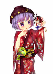  2girls bad_id bad_pixiv_id black_hair cnm floral_print grey_horns holding horns japanese_clothes kijin_seija kimono mallet mini_person minigirl miracle_mallet multicolored_hair multiple_girls needle purple_eyes purple_hair red_eyes role_reversal short_hair size_difference small_horns sukuna_shinmyoumaru touhou 