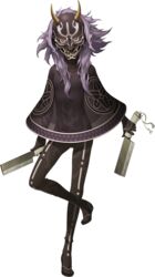  bodysuit cleaver doi_masayuki dual_wielding female full_body grin highres holding horns knife mask nata_(tool) official_art poncho red_eyes see-through shin_megami_tensei shin_megami_tensei_iv shin_megami_tensei_iv_final smile solo standing standing_on_one_leg toki_(megami_tensei) transparent_background 