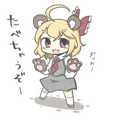  :3 ahoge animal_ears bad_id bad_pixiv_id bear_ears bear_paw blonde_hair chibi female hair_ribbon looking_at_viewer oerba_yun_fang open_mouth red_eyes ribbon rumia short_hair solo touhou translated yuasan 