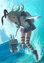  anchor anchor_hair_ornament black_panties blonde_hair commentary_request crop_top elbow_gloves female gloves grey_eyes hair_ornament hair_ribbon hairband highleg highleg_panties kantai_collection long_hair looking_at_viewer microskirt ocean one_eye_closed panties rensouhou-chan ribbon sailor_collar shimakaze_(kancolle) skirt smile solo striped_clothes striped_thighhighs surfing thighhighs thong underwear water waves white_gloves youmak 