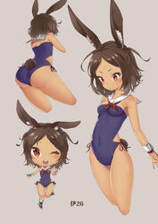  animal_ears ass azur_lane bare_shoulders bracer breasts brown_hair chibi commentary_request covered_navel dark-skinned_female dark_skin detached_collar female i-26_(azur_lane) leg_up multiple_views one-piece_swimsuit one_eye_closed open_mouth rabbit_ears rabbit_tail red_eyes sailor_collar school_swimsuit shiruko_(27anko) short_hair small_breasts smile standing standing_on_one_leg strapless strapless_one-piece_swimsuit swimsuit tail 