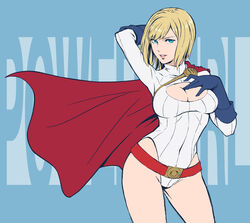  belt blonde_hair blue_eyes blue_gloves breasts cape cleavage cleavage_cutout clothing_cutout commentary_request dc_comics female gloves highleg highleg_leotard highres huge_breasts k-kun large_breasts leotard lips lipstick makeup photoshop_(medium) power_girl short_hair sleeved_leotard solo superhero_costume superman_(series) 