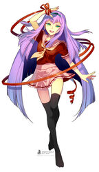  alternate_costume bad_id bad_pixiv_id black_thighhighs c_(swill) female green_eyes hairband inazuma_eleven_(series) inazuma_eleven_go inazuma_eleven_go_chrono_stone long_hair meia open_mouth photoshop_(medium) purple_hair ribbon school_uniform serafuku signature skirt smile solo thighhighs very_long_hair white_background 