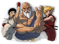  3boys aged_down andrew_parish_johnston armor bald barefoot beard black_hair blocking blonde_hair commentary_request facial_hair gouken japanese_armor ken_masters kicking kote laughing long_hair moustache multiple_boys muscular ryu_(street_fighter) short_hair shouryuuken street_fighter tatsumaki_senpuukyaku thick_eyebrows uppercut white_hair 