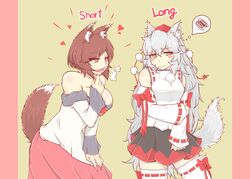  2girls alternate_hair_length alternate_hairstyle animal_ears bare_shoulders blush_stickers breasts brown_hair commentary_request cube85 english_text fingernails hairstyle_switch hat heart imaizumi_kagerou inubashiri_momiji lace lace-trimmed_legwear lace_trim large_breasts long_fingernails long_hair multiple_girls open_mouth pout red_eyes sharp_fingernails short_hair skirt smile spoken_squiggle squiggle tail thighhighs tokin_hat touhou very_long_hair white_hair white_thighhighs wolf_ears wolf_tail yellow_eyes 