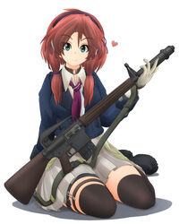  aqua_eyes ar-10 battle_rifle blue_jacket boots choker collared_shirt commentary_request eyes_visible_through_hair female gloves gun gun_sling hair_ribbon hairband heart highres jacket magazine_(weapon) mikeran_(mikelan) military multicolored_hair muzzle_device necktie original pantyhose purple_necktie ribbon rifle seiza shirt sitting skirt smile thigh_strap thighhighs twintails two-tone_hair weapon white_background white_shirt wood zettai_ryouiki 