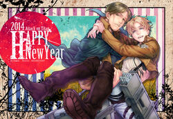  1boy 2014 bad_id bad_pixiv_id blonde_hair blue_eyes boots brown_hair cape carrying chiaki_(asaaaaa) emblem facial_hair female happy_new_year mike_zakarius moustache nanaba new_year paradis_military_uniform photoshop_(medium) princess_carry reverse_trap shingeki_no_kyojin short_hair survey_corps_(emblem) three-dimensional_maneuver_gear 