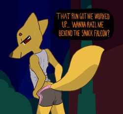  alternate_form anthro ass bedroom_eyes bodily_fluids bottomwear canid canine clothing dialogue digital_media_(artwork) english_text exercise fox fur gregg_lee half-closed_eyes looking_back male mammal naked-sharks narrowed_eyes naughty_face night_in_the_woods pashoo seductive shorts smile solo speech_bubble sweat text workout 