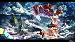  above_clouds bare_legs bird_wings black_hair blouse camera closed_eyes cloud cloudy_sky commentary_request expressionless female flying frilled_skirt frills geta hat highres kiyomasa_ren legs_folded letterboxed midriff mountain navel photoshop_(medium) profile sea_serpent shameimaru_aya shirt short_hair short_sleeves signature skirt sky solo tengu-geta tokin_hat touhou unworn_hat unworn_headwear water wings 