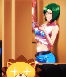  +_+ against_wall alternate_breast_size bad_deviantart_id bad_id bleach brand_name_imitation breasts brown_eyes cellphone cleavage clothes_writing crop_top employee_uniform female front-tie_top gairon green_hair hooters kon_(bleach) kujou_nozomi large_breasts midriff navel phone shiny_skin shirt short_shorts shorts smartphone smile solo_focus stuffed_animal stuffed_lion stuffed_toy tied_shirt uniform waitress watermark 