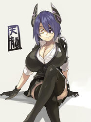  black_thighhighs breasts character_name cleavage commentary crossed_legs eyepatch female gloves happy headgear highres huge_breasts kantai_collection looking_at_viewer muneneko purple_hair short_hair sitting smile solo tenryuu_(kancolle) thighhighs yellow_eyes 