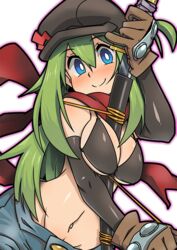  between_breasts bikini bikini_top_only black_gloves blue_eyes blush borrowed_character breasts brown_gloves commentary_request coso-ri elbow_gloves female gloves green_hair katana large_breasts looking_at_viewer navel original scarf sheath short_shorts shorts smile solo swimsuit sword unsheathing weapon yunomiya_agari 