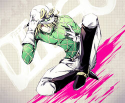  1boy ankai_(rappelzankai) blonde_hair blood boots commentary_request diego_brando gloves green_shirt jojo_no_kimyou_na_bouken knee_boots male_focus pink_blood shirt solo stand_(jojo) steel_ball_run sweater tail turtleneck 