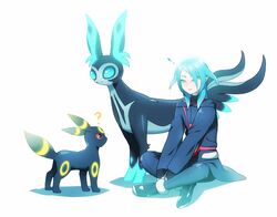  ! 1boy ? bad_id bad_pixiv_id bloom blue_eyes blue_hair inazuma_eleven_(series) inazuma_eleven_go inazuma_eleven_go_galaxy ishigashi_gooramu male_focus mio_(jian_wei) pokemon pokemon_(creature) redio sitting soul_(inazuma_eleven) umbreon white_background 