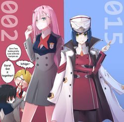  2boys 2girls alternate_costume black_hair black_pantyhose blonde_hair blood blush candy character_name commentary cosplay costume_switch darling_in_the_franxx emaxart english_commentary english_text food glasses gorou_(darling_in_the_franxx) green_eyes hair_ornament hairclip hat highres hiro_(darling_in_the_franxx) holding holding_food horns ichigo_(darling_in_the_franxx) ichigo_(darling_in_the_franxx)_(cosplay) jacket jacket_on_shoulders lollipop long_hair looking_at_viewer military military_uniform multiple_boys multiple_girls necktie nosebleed orange_necktie pantyhose peaked_cap pilot_suit pink_hair red_horns school_uniform science_fiction short_hair smile speech_bubble tongue tongue_out uniform zero_two_(darling_in_the_franxx) zero_two_(darling_in_the_franxx)_(cosplay) 