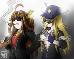  2girls admiral_paru ahoge alternate_costume blonde_hair brown_hair cigar commentary_request fingerless_gloves formal gloves gun handgun hat headband iowa_(kancolle) jacket kantai_collection kongou_(kancolle) long_hair multiple_girls shotgun suit sunglasses upper_body weapon 