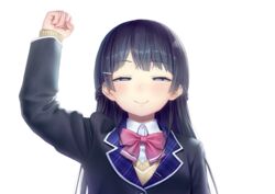  arm_up black_hair blazer blue_eyes blush bow bowtie braid clenched_hand collared_shirt commentary_request female hair_ornament hairclip half-closed_eyes highres jacket kath long_hair looking_at_viewer meme nijisanji pink_bow pink_bowtie purple_eyes raised_fist ribbon school_uniform shirt simple_background sleeves_past_wrists smile solo sweater tsukino_mito tsukino_mito_(1st_costume) virtual_youtuber white_background white_shirt wing_collar 