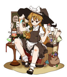  alcohol_burner amonitto apron bag black_dress blonde_hair braid bulletin_board chemistry_set commentary_request desk dress erlenmeyer_flask female flask food hair_ornament hairclip hat kirisame_marisa long_hair mushroom sandwich scroll shirt single_braid sitting solo table test_tube touhou tripod_(laboratory) waist_apron witch_hat 