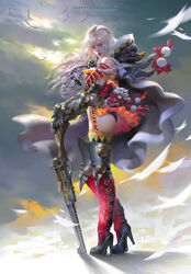  absurdres armor ass bird black_footwear bow breasts cape chinese_commentary commentary_request copyright_name feline female fengweic12 full_body garter_straps gauntlets goddess_valkyrie greaves gun high_heels highres hood hood_down lipstick long_hair looking_at_viewer makeup medium_breasts photoshop_(medium) pink_eyes planted planted_gun pom_pom_(clothes) red_thighhighs sack seagull shoes solo standing thighhighs weapon white_hair 